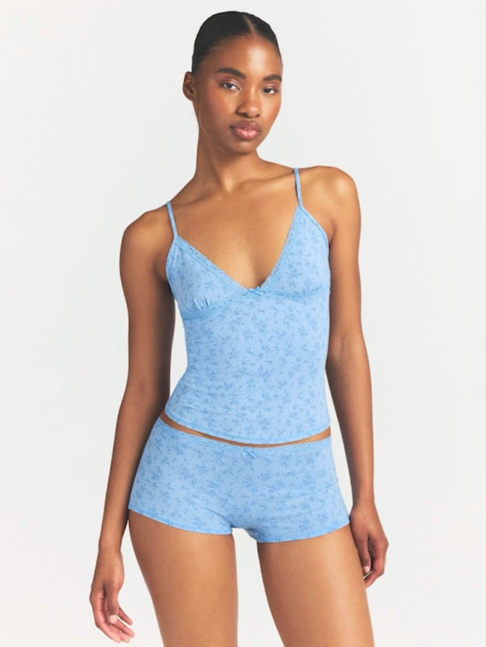 Skims Cotton Cami and Short Set in Blue Floral, Size M